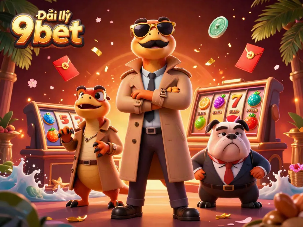 Raptors in a trench coat simulate entry to a VIP casino lounge - Đại lý 9bet scene packed with casino elements.
