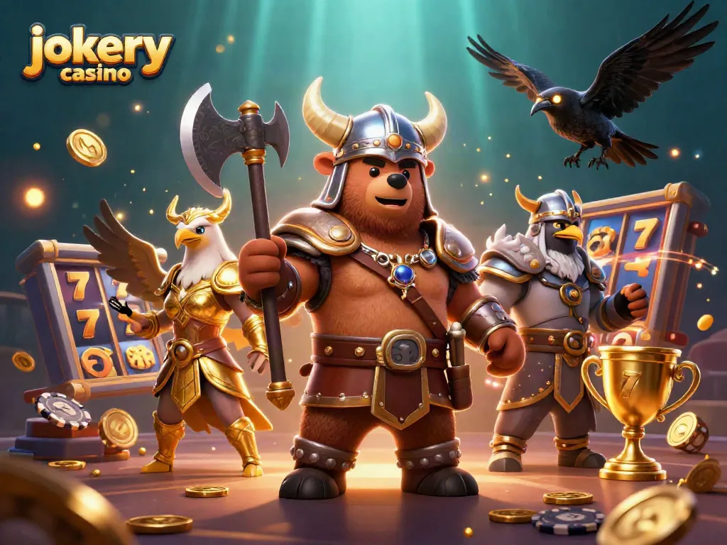 Experience excitement at jokery casino with Viking-themed characters amidst spinning slots and golden coins.
