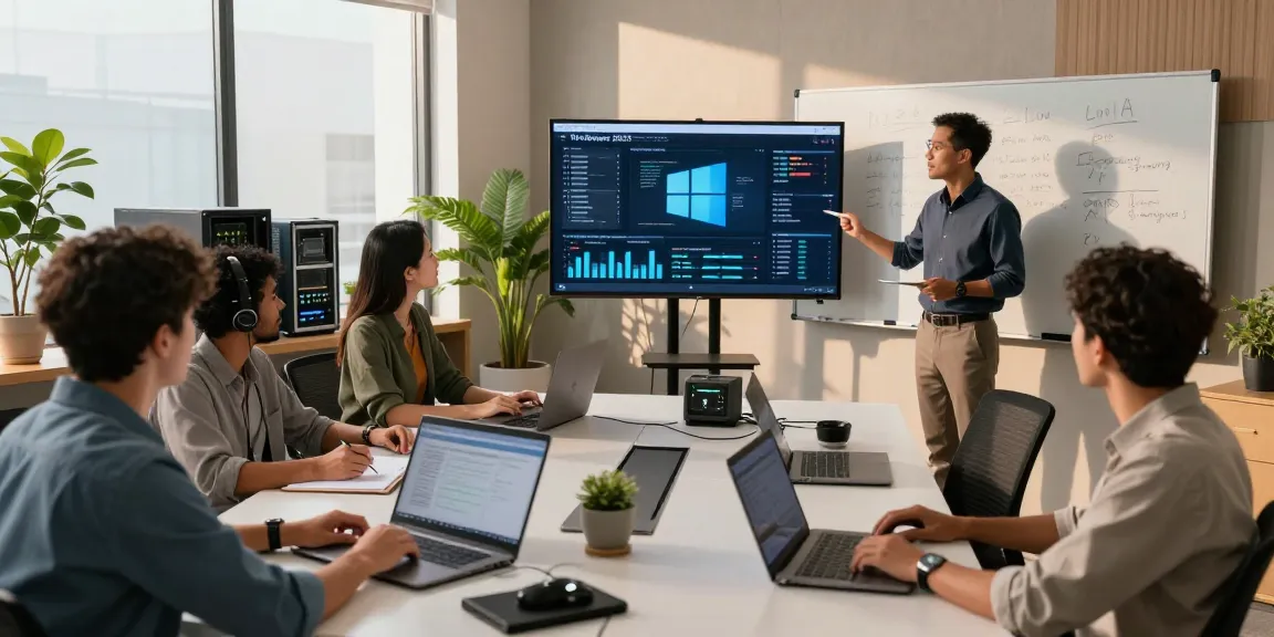 Professionelles Team arbeitet an Windows Server 2025 Lösungen, Server 2025 Vollversion mit Lizenzschlüssel im Fokus.
