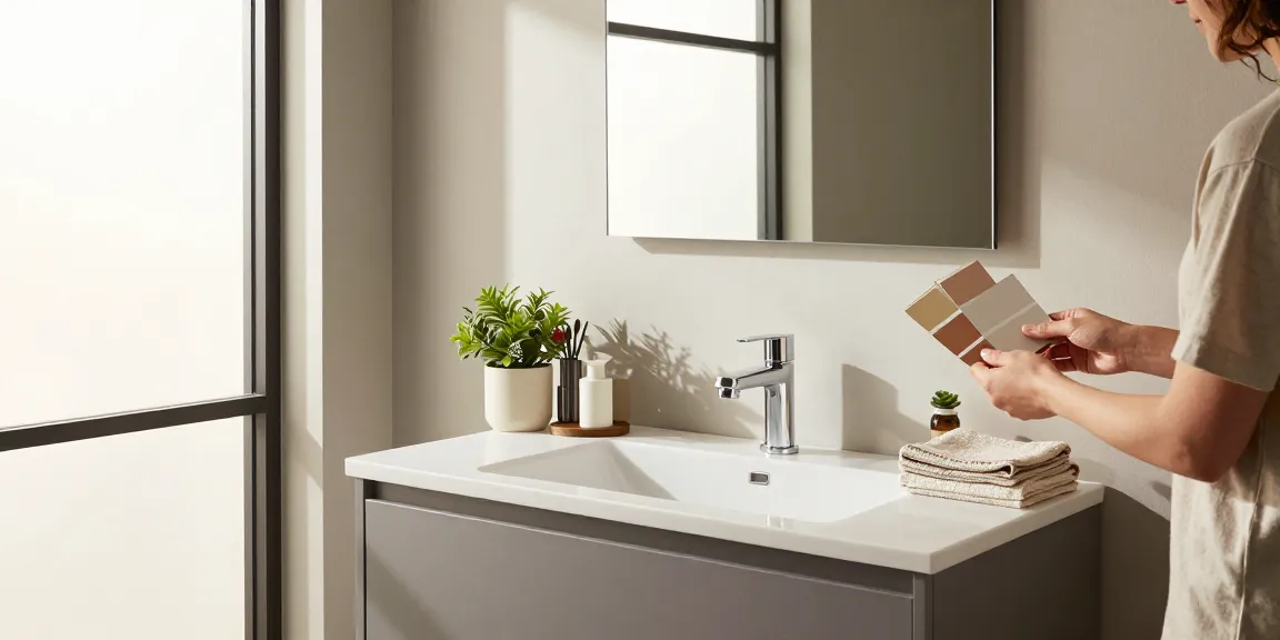 Moderne wastafelonderkast in een stijlvolle badkamer met natuurlijk licht.