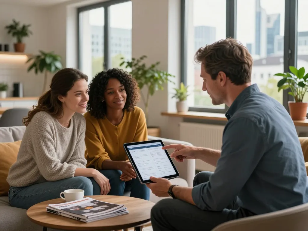 Immobilienmakler Frankfurt Sachsenhausen berät Kunden in einem stilvollen Immobilienumfeld und präsentiert Angebote auf einem Tablet, wodurch eine einladende Atmosphäre entsteht.