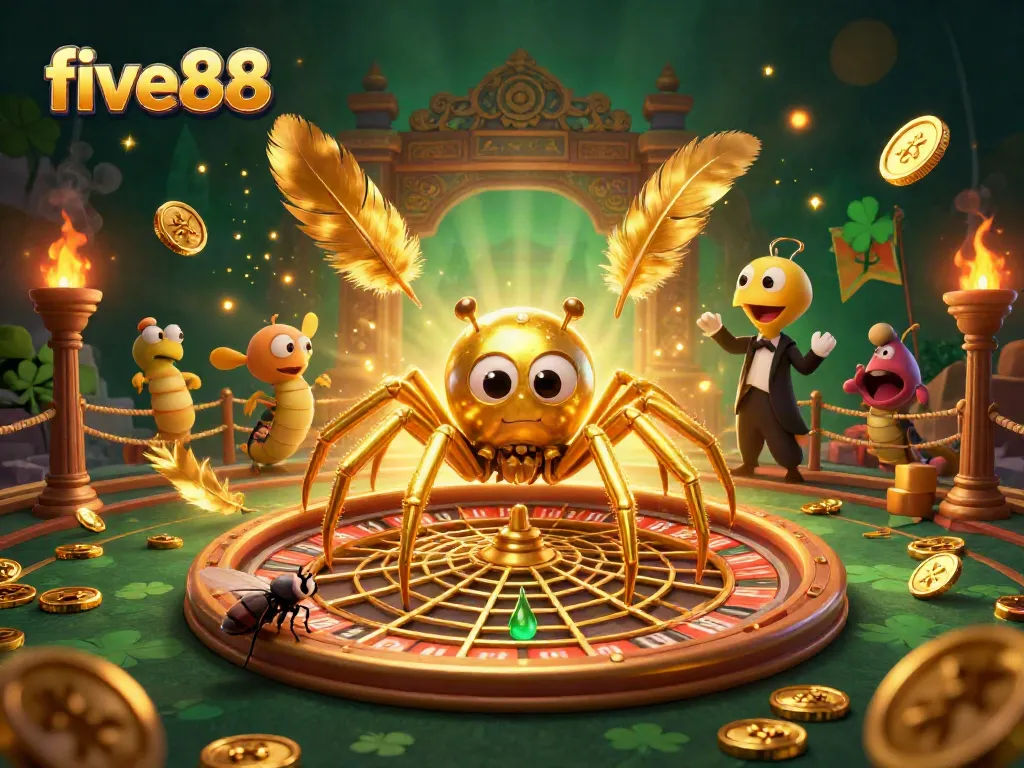 Engage in thrilling gameplay at five88 with a dynamic casino illustration showcasing a spider spinning roulette.