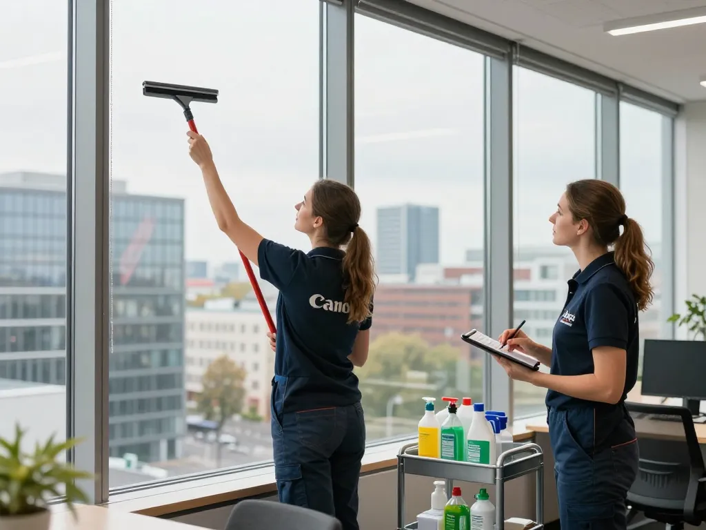 Professionelles Fensterreinigungsteam im Büro in Münster sorgt für hochwertige Gebäudereinigung – Münster & Umgebung.