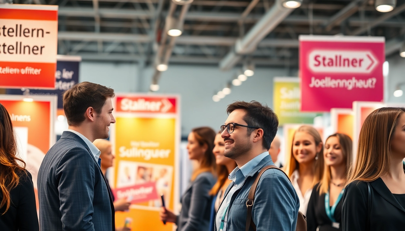 Engaged candidates exploring Stellenangebote with recruiters at a vibrant job fair
