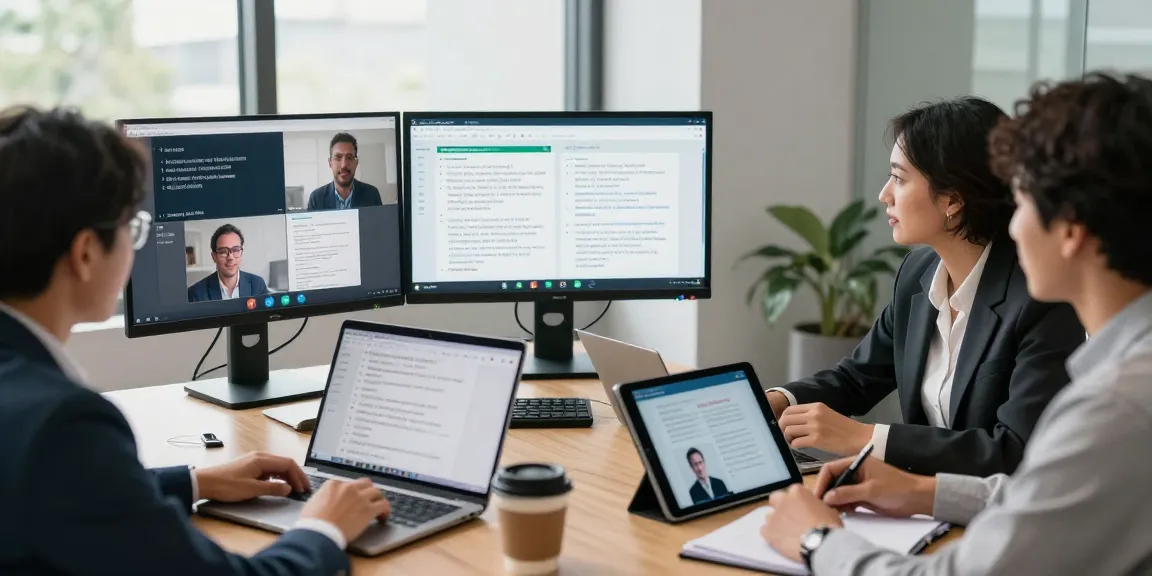 Professionelle virtuelle Konferenz mit KI Übersetzung in Echtzeit und Teamarbeit in modernem Büro.