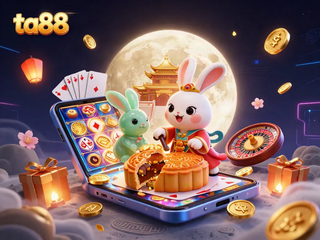 Experience thrilling gaming at ta88 with a surreal moon rabbit scene and dynamic casino elements.