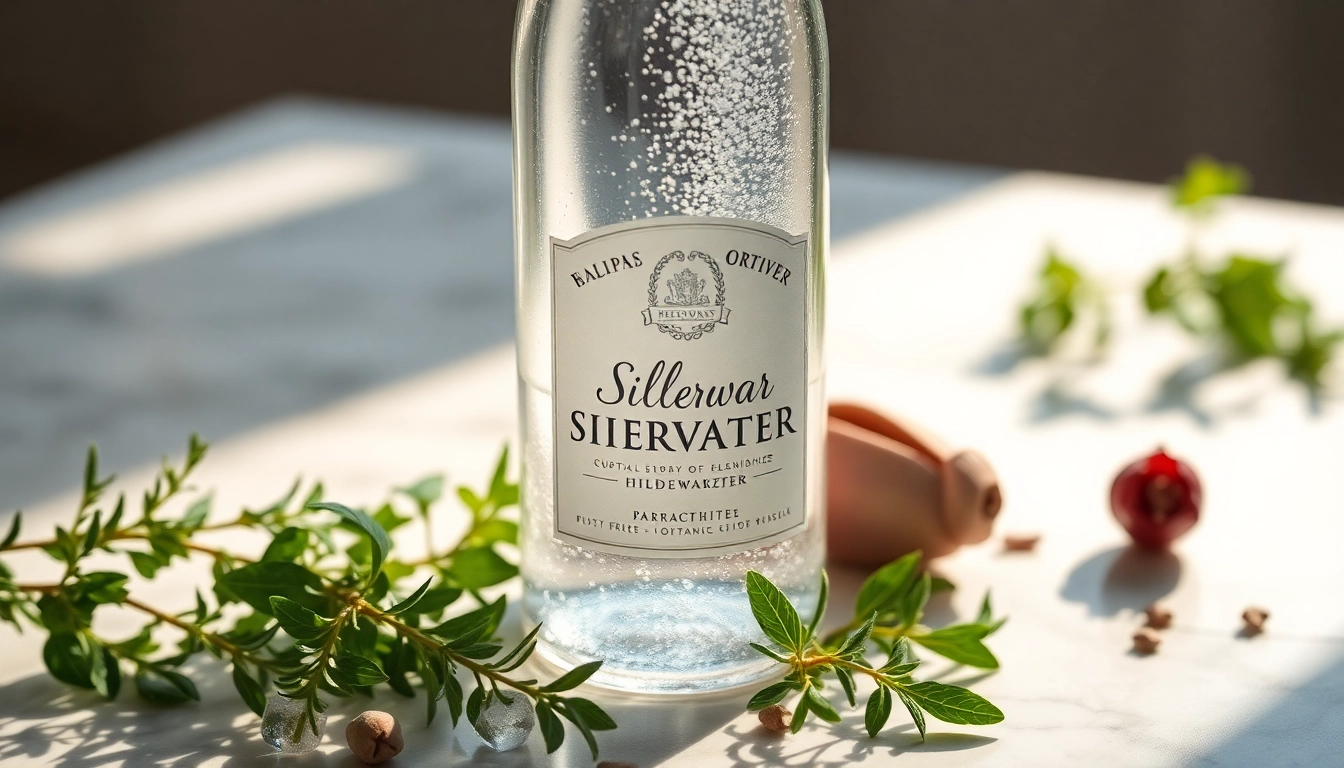 Refreshing Silberwasser bottle surrounded by herbs, showcasing its natural cleansing properties.