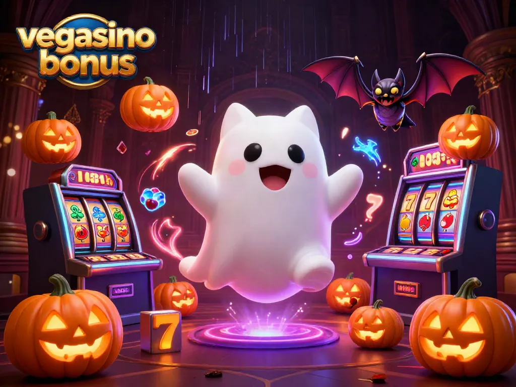 Engage with the vegasino bonus featuring a friendly ghost cat and vampire bat amidst vibrant casino elements.