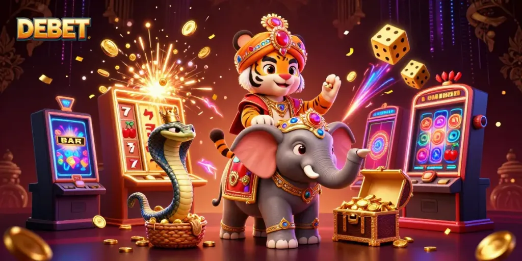Experience excitement with DEBET's vibrant casino scene featuring thrilling slot machine action and engaging characters.