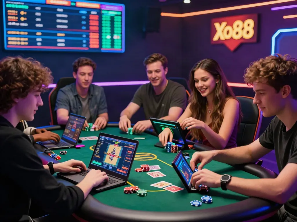 Xo88 players enjoying a vibrant online casino experience at a stylish gaming table.