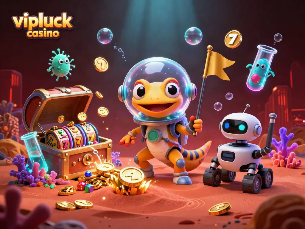 Experience the excitement of vipluck casino with a dynamic Martian scene showcasing golden treasures and slots.