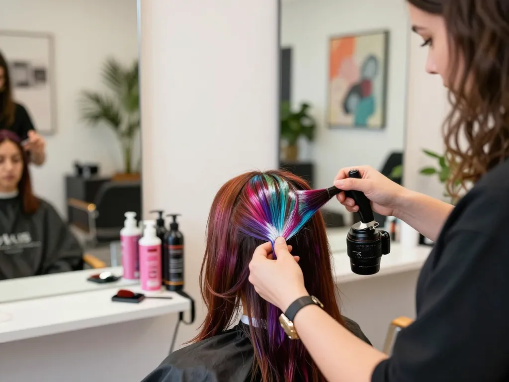Frisør påfører levende hårfarve i en stilfuld salon.