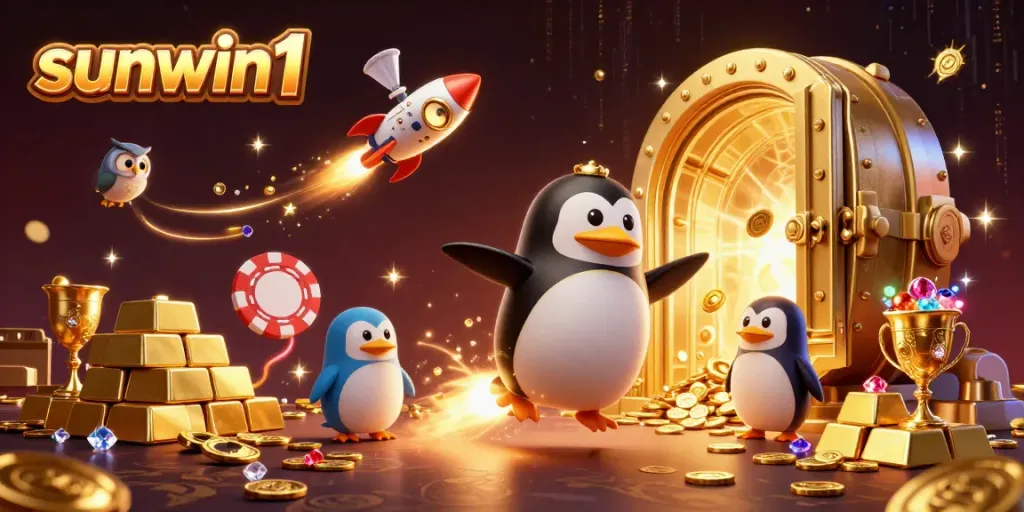 Experience the thrill of sunwin1 as a golden penguin flies toward a casino with treasures