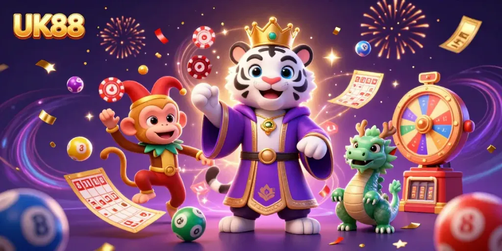 Experience the thrilling atmosphere of UK88 with a vibrant 3D illustration of casino elements and characters.