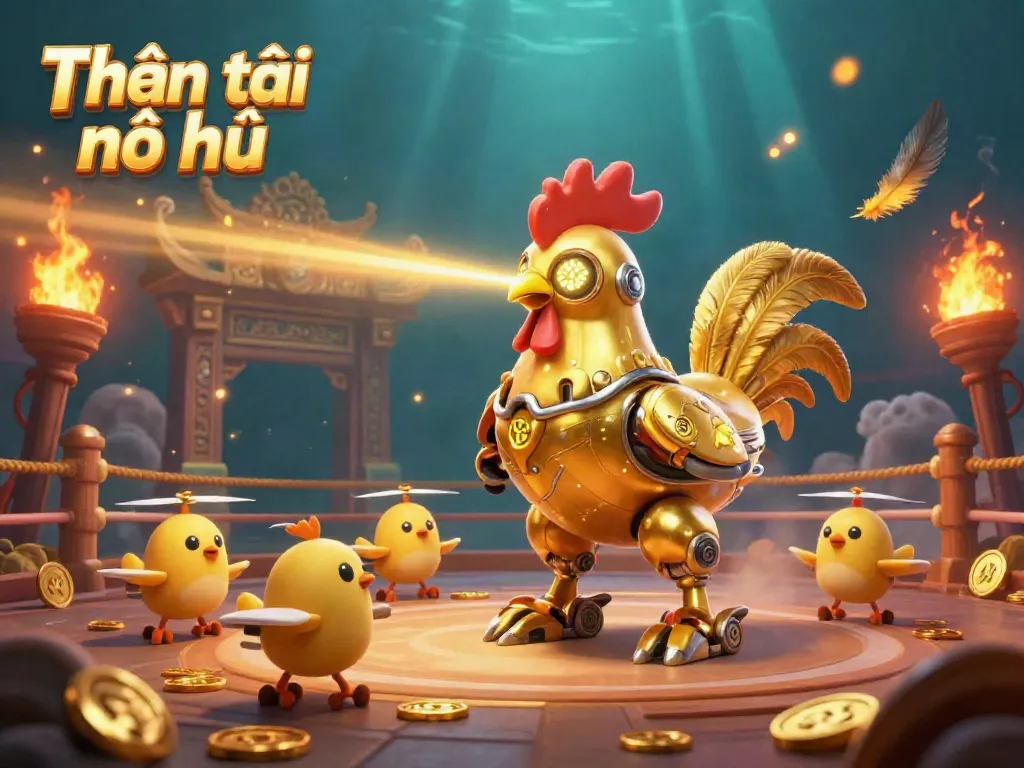 Experience the thrill of Thần tài nổ hũ with dynamic scenes of golden robots and gold coins captivating players.