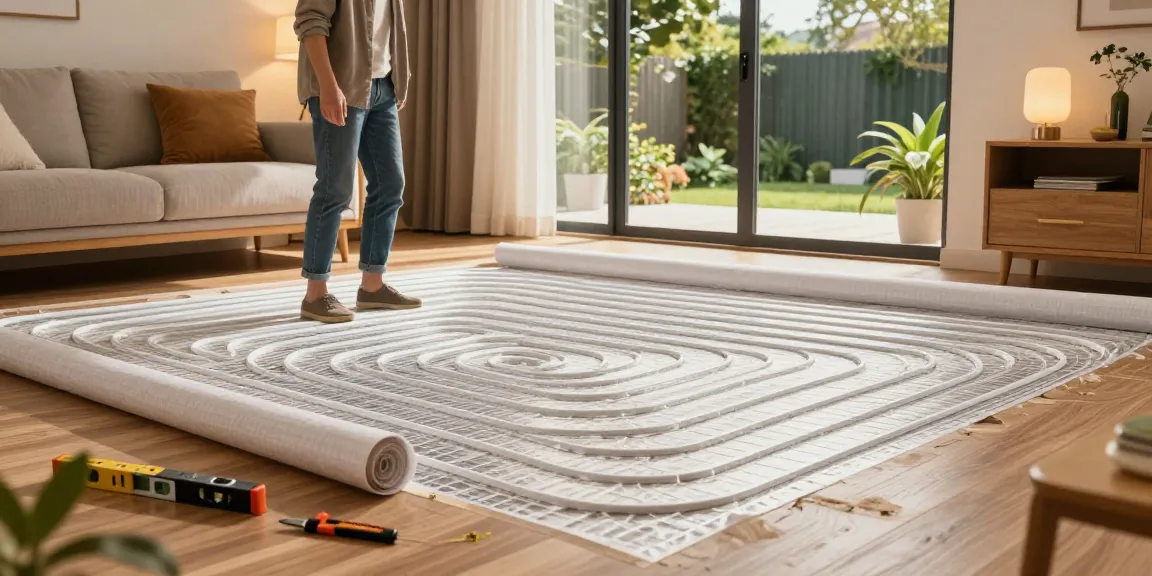 Hausbesitzer inspiziert die Installation von elektrischer Fußbodenheizung für elektro fußbodenheizung in einem stilvollen modernen Wohnzimmer.