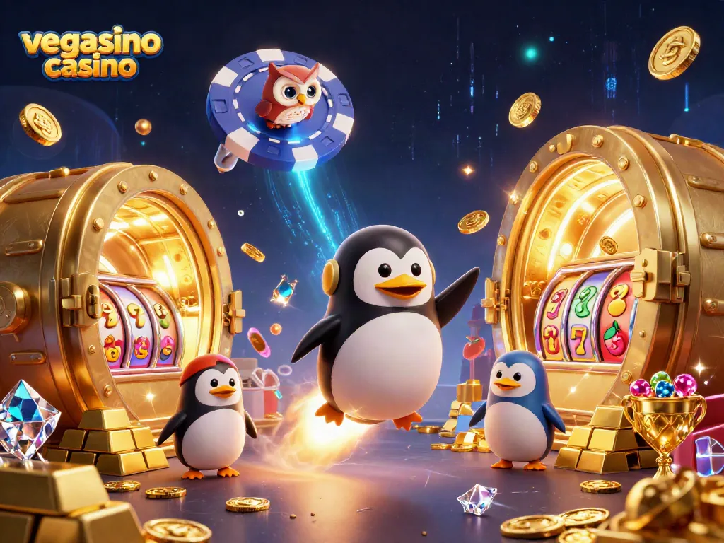 Experience the thrill at vegasino casino with a vibrant 3D rocket-powered penguin and dazzling treasure.