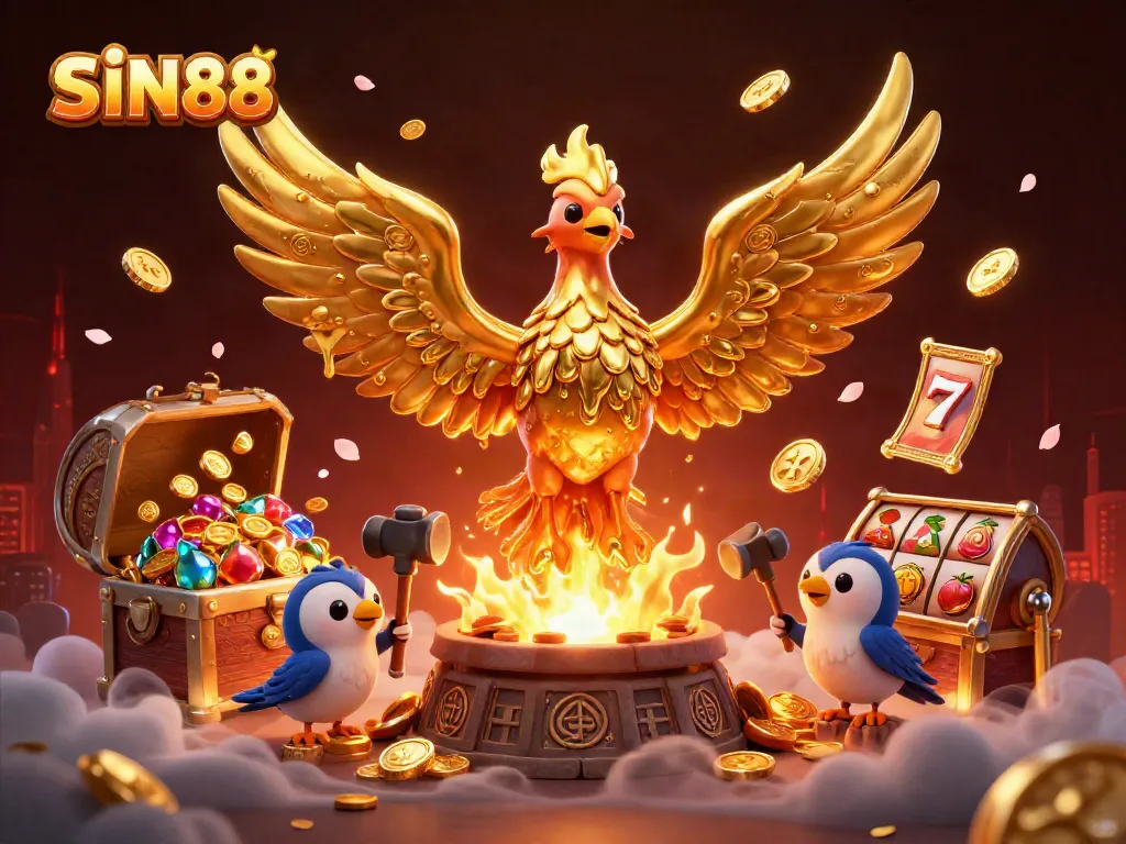 Experience winning moments with SIN88, featuring the molten gold phoenix and dynamic slot symbols.
