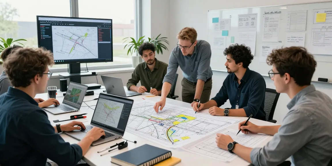 Die Teammitglieder der Vermessungsbüros und ÖbVI analysieren Daten in einem modernen Büro, um Datenschutz und IT-Sicherheit zu garantieren.