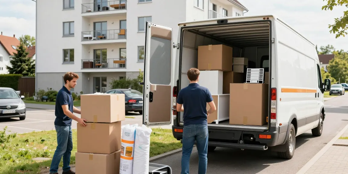 Umzugsunternehmen Darmstadt bei der Arbeit, Möbel und Kisten werden sicher verladen.
