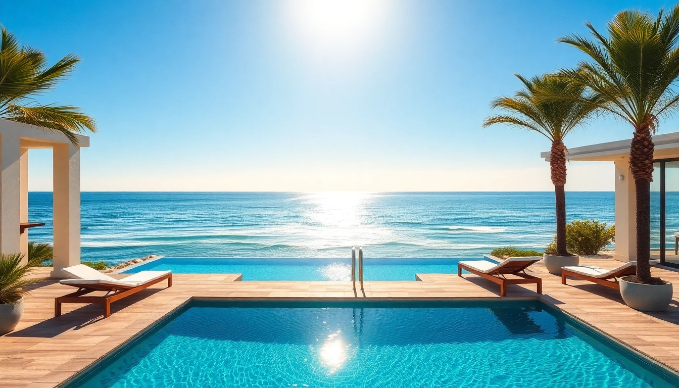 Nordzypern immobilien am meer: Luxuriöse Villa mit Pool, Blick auf das klare Wasser und den blauen Himmel.