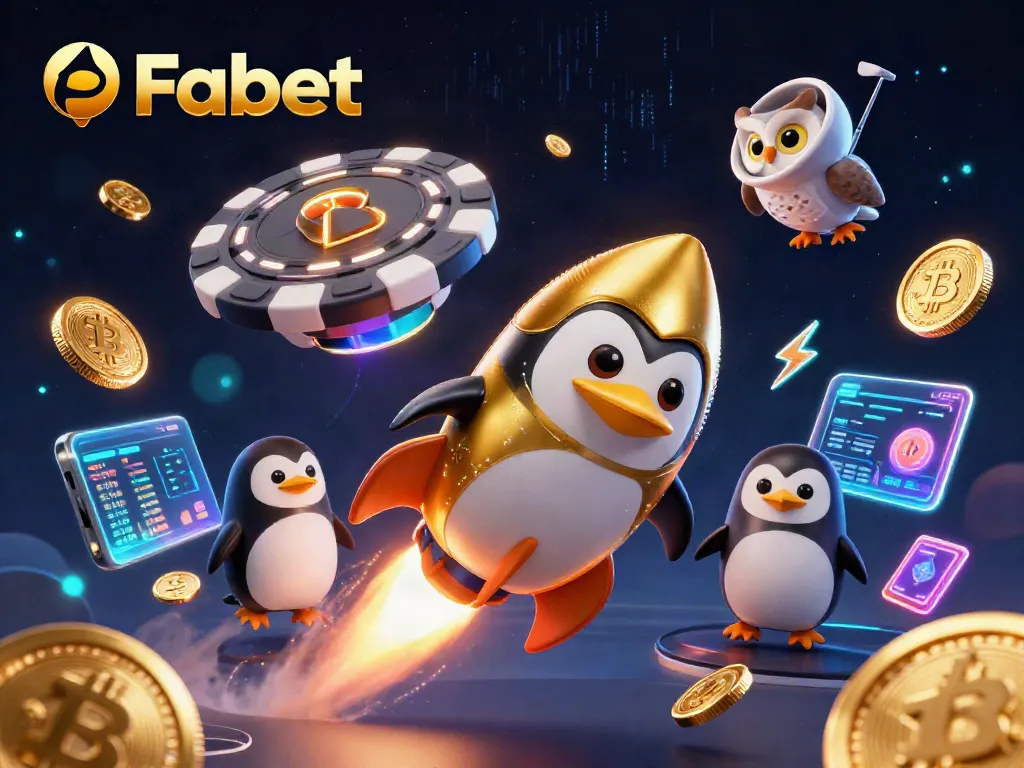 Bet on Fabet with a whimsical golden penguin blasting off towards a casino space station.
