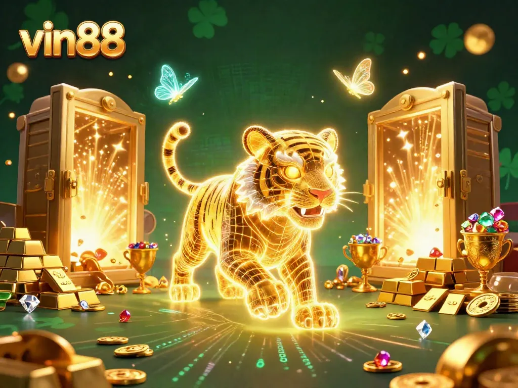 Win big at vin88 with a vibrant casino scene featuring a glowing tiger and treasure elements