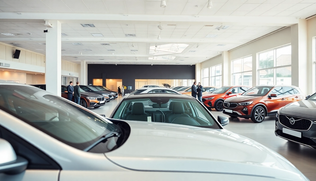 Auto kaufen in einer hell erleuchteten Autohalle mit verschiedenen Fahrzeugen.