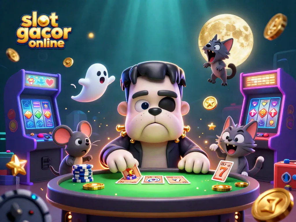 Experience winning excitement with slot gacor online as characters deal cards and spin reels in dynamic casino atmosphere.