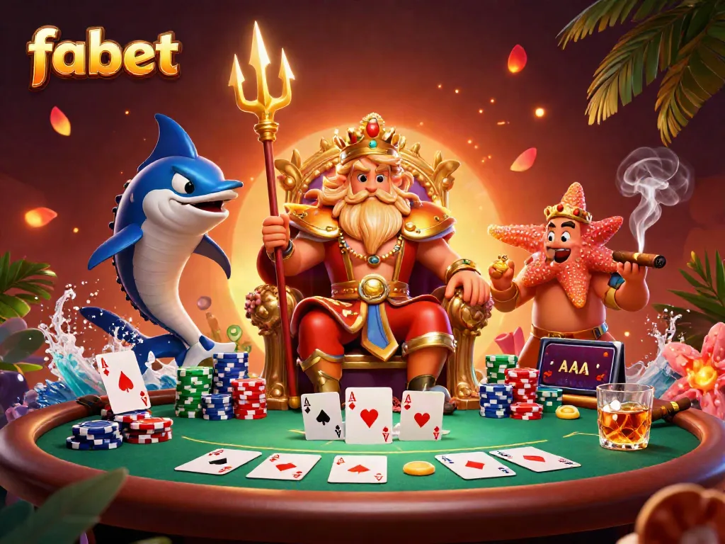 Experience fabet's vibrant sea-themed casino scene with Neptune at a poker table, celebrating winnings.
