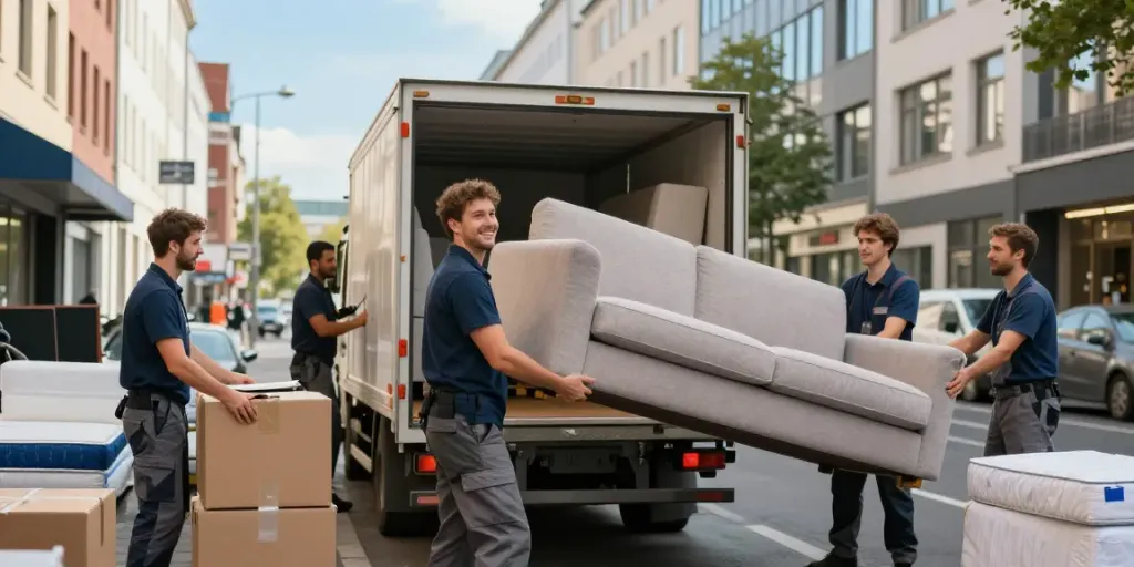 Wohnungsentrümpelung Berlin, professionelle Dienstleister heben Möbel auf einen Lastwagen in urbaner Umgebung.