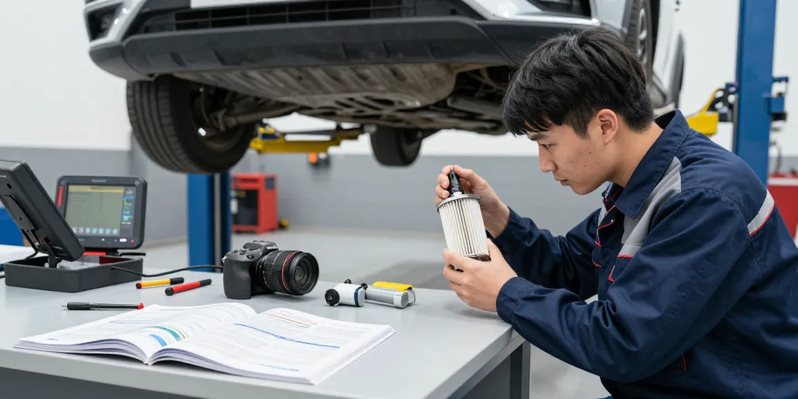 DPF Reinigung Laatzen: Mechaniker inspiziert Dieselpartikelfilter in moderner Werkstatt mit Werkzeugen und Fahrzeug im Fokus.