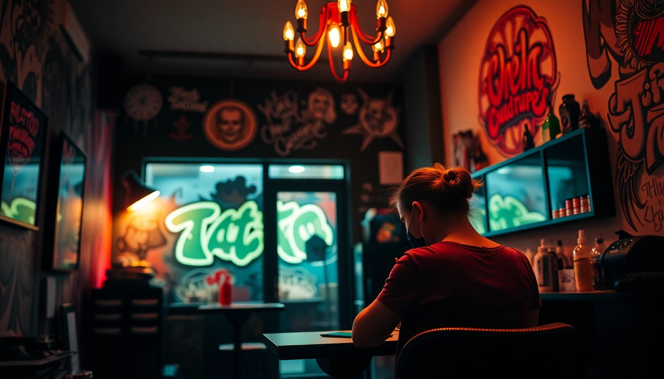 Detailansicht eines professionellen Tattoo Studio München mit Künstler, der ein Tattoo aufträgt.