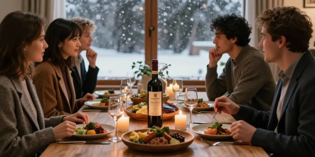 Gemütliche Winterszene mit Doppio Passo Primitivo kaufen auf dem festlich gedeckten Tisch.