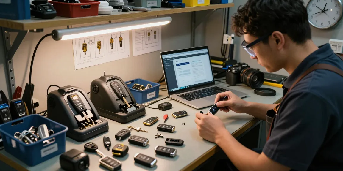 Praktischer Automobiltechnik-Spezialist, der verschiedene Webseitenlinks zu Autoschlüsseln überprüft.