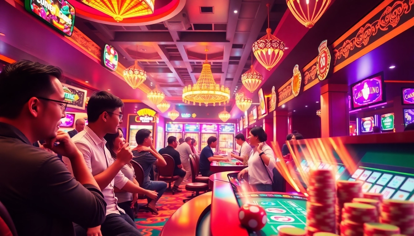Experience the thrill of a Casino Bonus with lively players and dynamic games in an illuminated casino setting.
