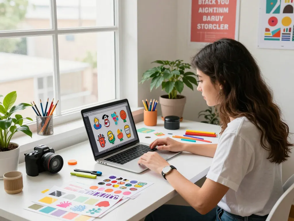 Creating custom sticker designs, showcasing vibrant colors and creativity in a bright workspace.
