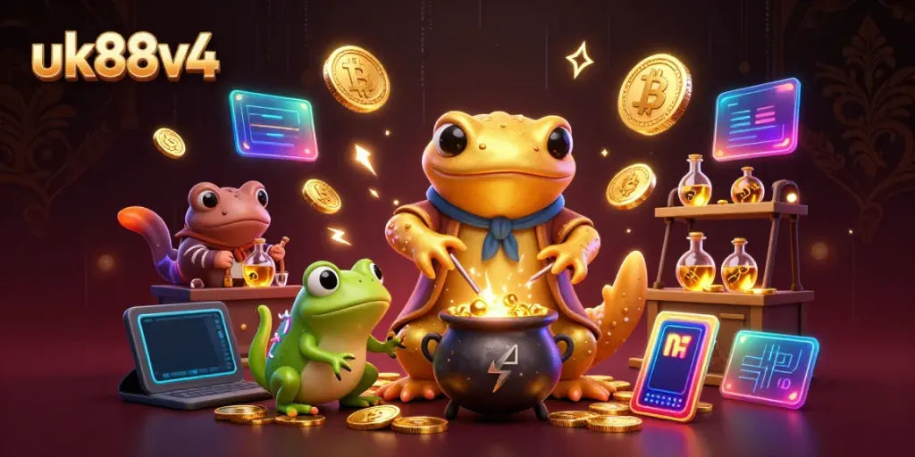 Join the fun at uk88v4 with a golden salamander alchemist brewing winning strategies in a vibrant casino.