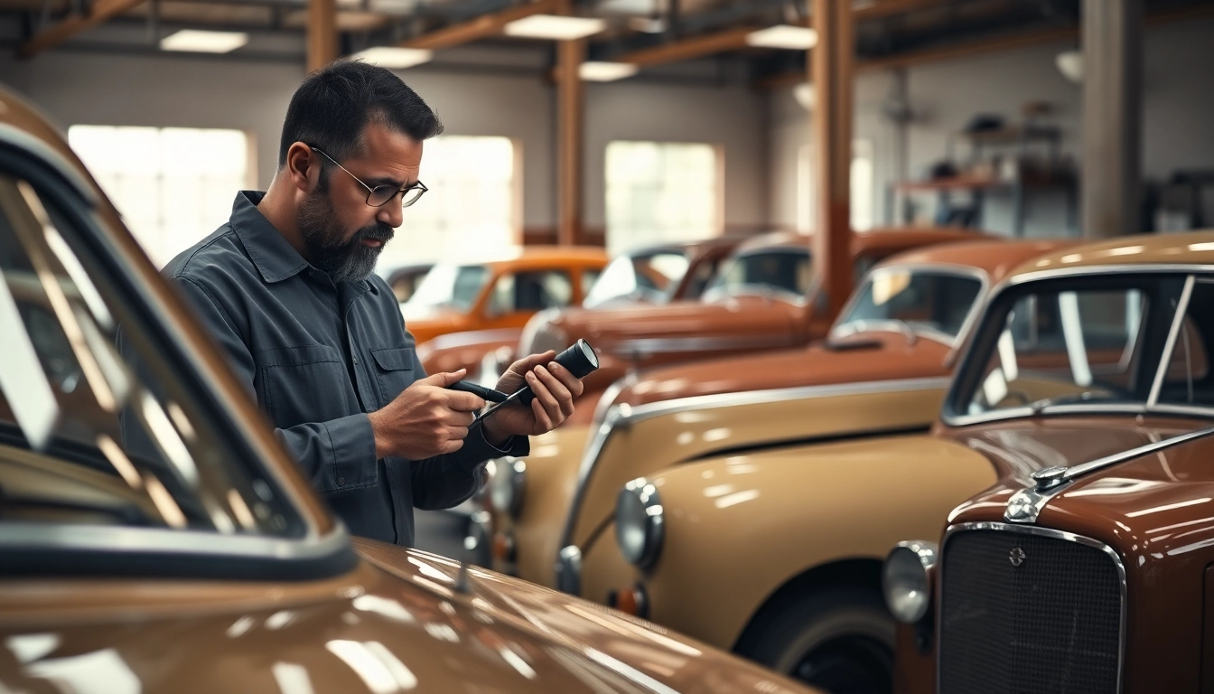 Oldtimer Gutachten in der klassischen Werkstatt mit einem Experten, der die Fahrzeugbedingungen überprüft.