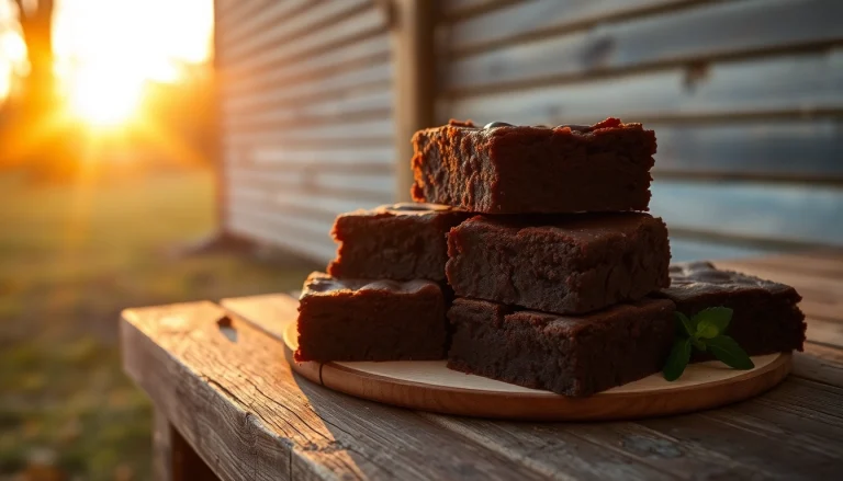 Leckere Hasch Brownies auf einem rustikalen Holztisch, warm beleuchtet.
