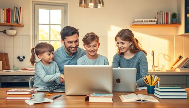 Familie lernt gemeinsam am Küchentisch beim Heimunterricht.