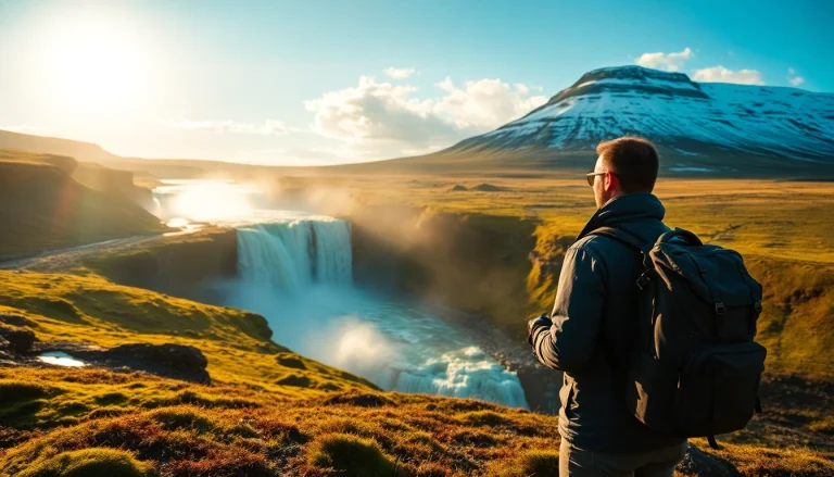 Erleben Sie eine beeindruckende Reise nach Island mit dem Gullfoss Wasserfall im Hintergrund, umgeben von atemberaubenden Landschaften.