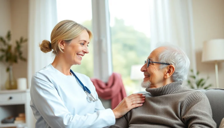 Pflegedienst Mitarbeiter unterstützt einen älteren Menschen in einem gemütlichen Zuhause.