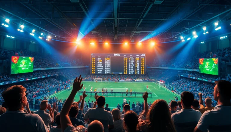 Erleben Sie aufregende Sportwetten ohne Limit: digitale Wettplatz-Atmosphäre mit jubelnden Fans.