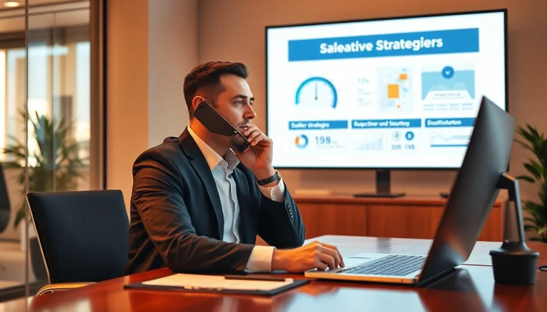 Visualisierung von Executive Search im Sales-Bereich, ein Geschäftsmann in einem modernen Büro, der am Telefon Strategien diskutiert.