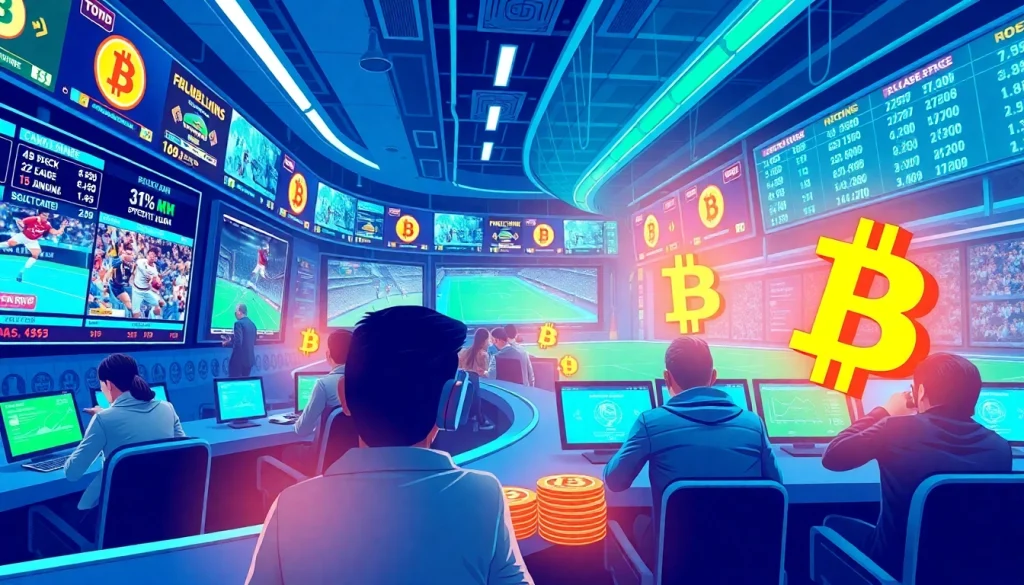 Explore sports betting with bitcoin through a lively digital lounge filled with screens showcasing sports events.