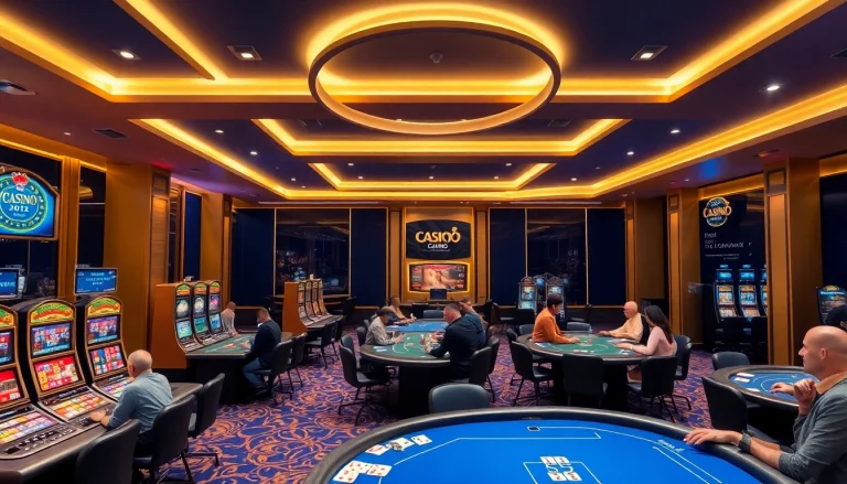 Glückliche Spieler in einem eleganten casino online schweiz mit Spielautomaten und Live-Casino-Bereich.