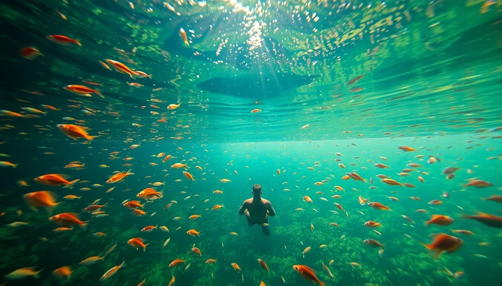 Tauchen Cenotes - Ein Taucher erkundet die Schönheit einer Cenote in Mexiko mit kristallklarem Wasser und bunten Fischen.