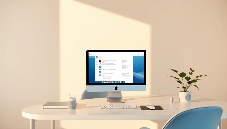 Entdecken Sie Office 2024 für iMac und Mac Mini auf einem modernen Schreibtisch mit eleganter Benutzeroberfläche.