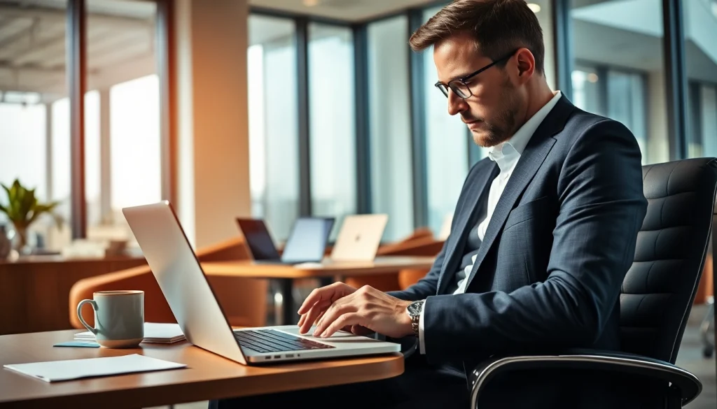 Headhunter Kiel arbeitet fokussiert in einem modernen Büro, umgeben von Notizen und Technik.
